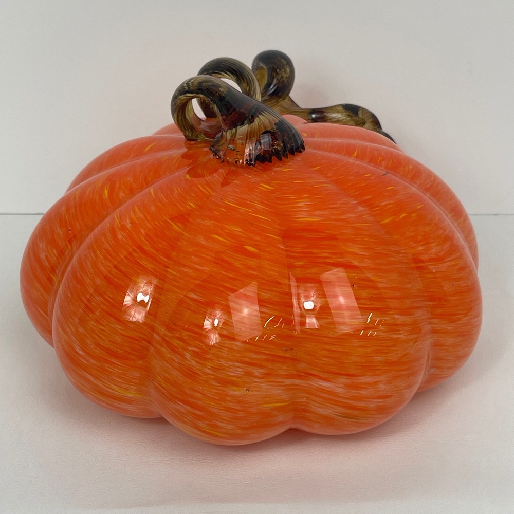 Pumpkin Blown Art Glass Orange Swirl Curly Stem Excellent 6x8